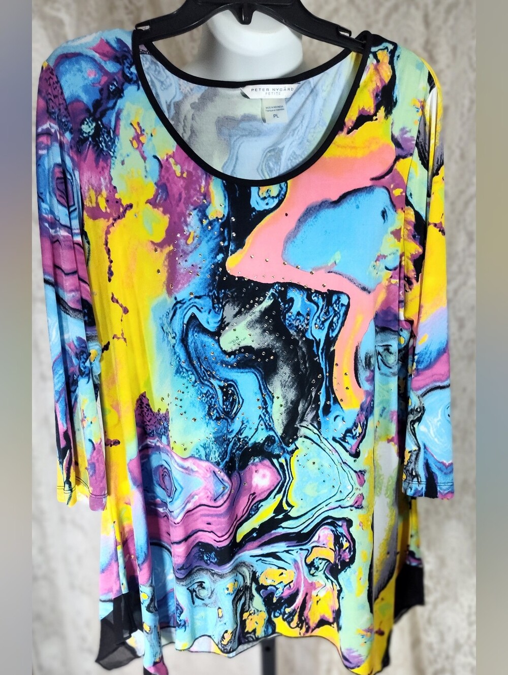 Peter Nygard Vibrant Marble-Print Scoop Neck Tunic - Yellow, Pink, Blue, Black